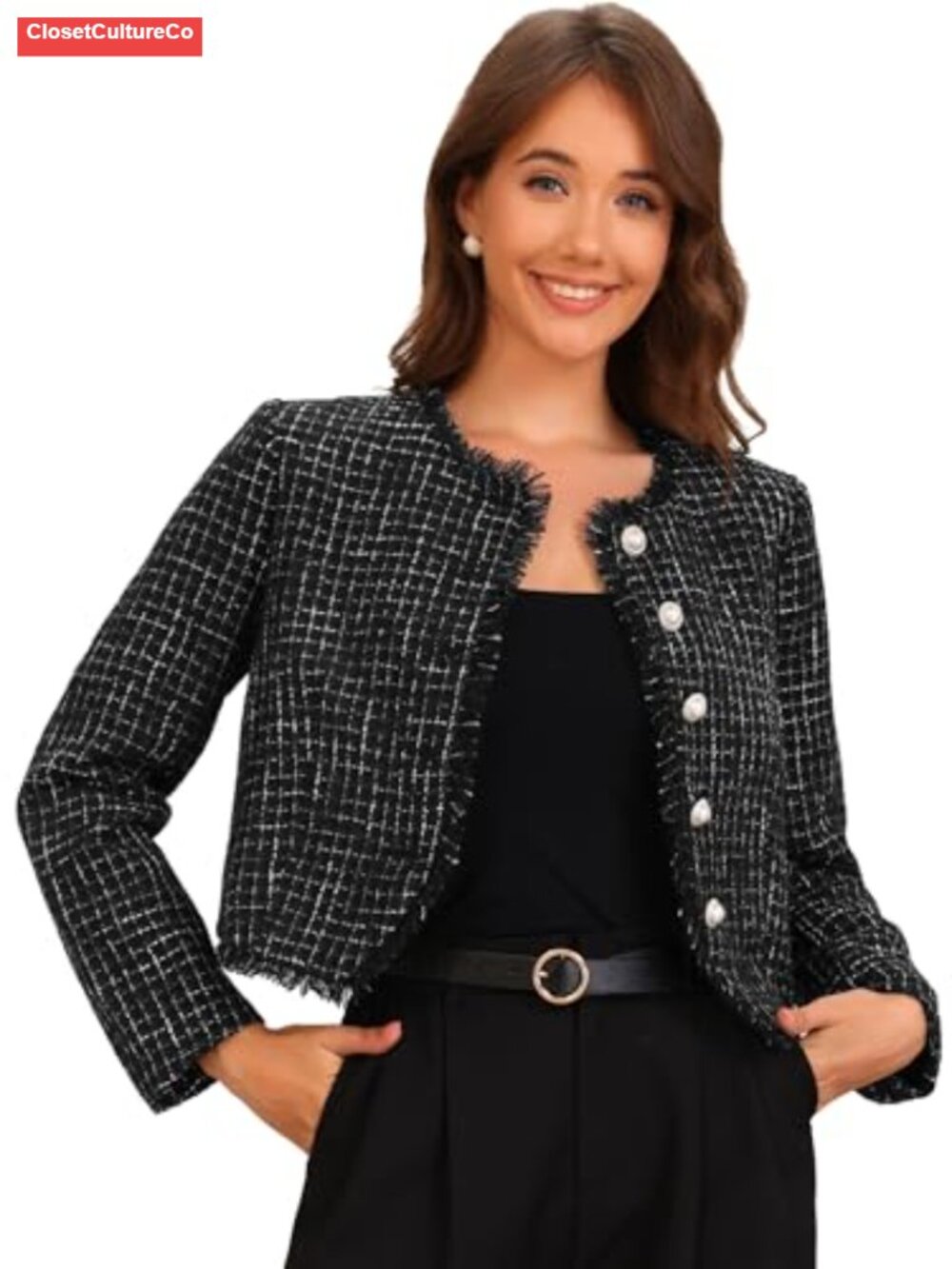 Tweed Plaid Cropped Button Up Long Sleeve Jacket